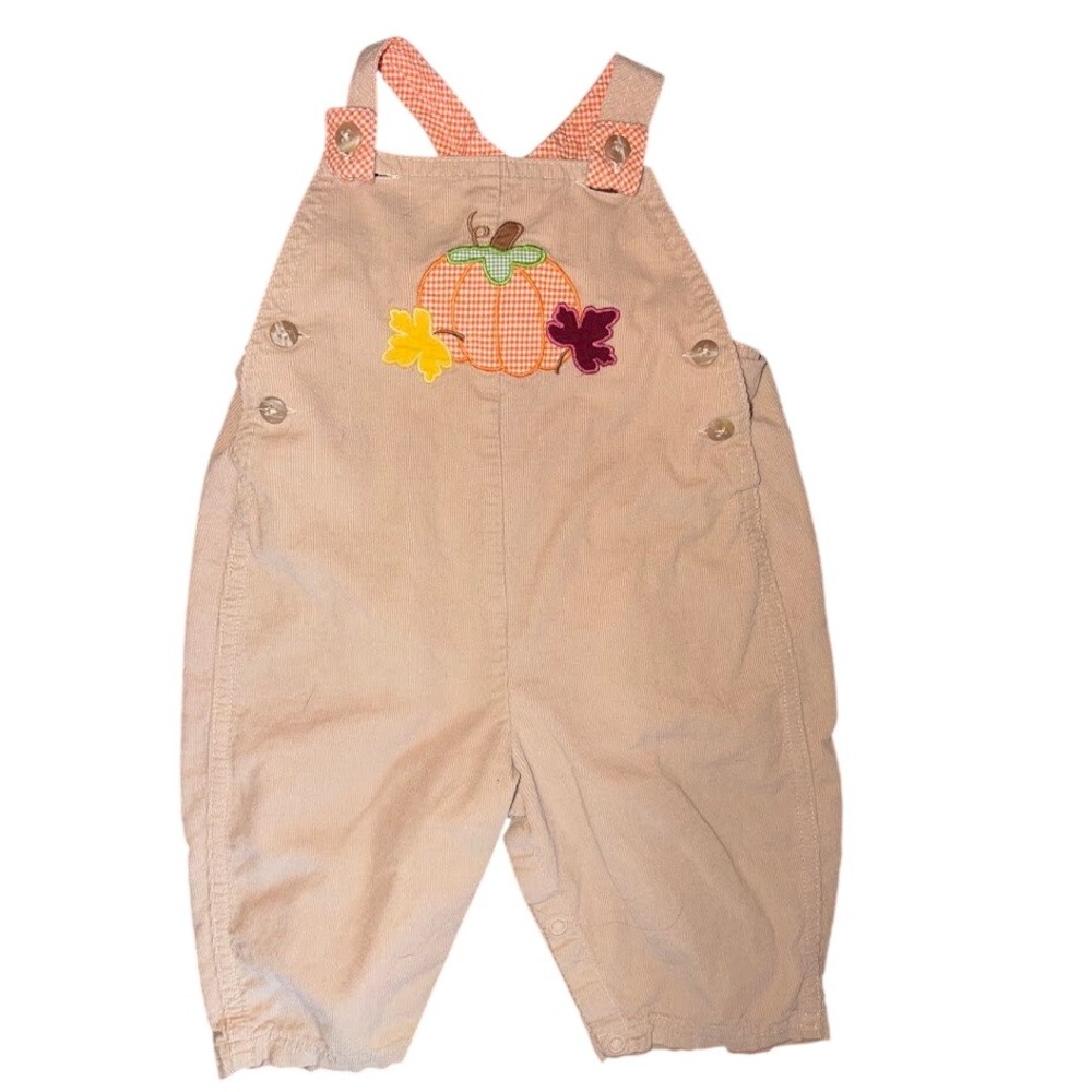 Vintage Style Tan Corduroy Pumpkin Applique Overalls 9 Months Fall Harvest
